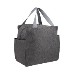 Lonchera térmica con interior metálico, dos bolsas laterales y asa para transportar.