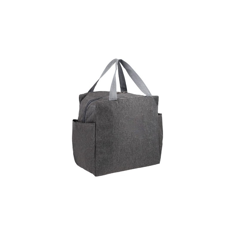 Lonchera térmica con interior metálico, dos bolsas laterales y asa para transportar.